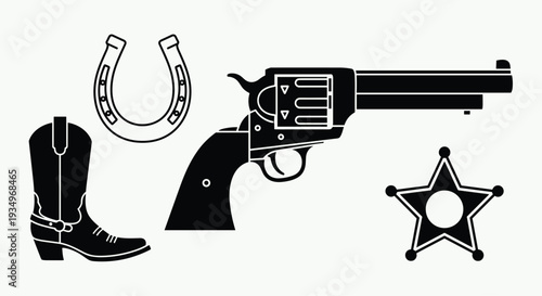 Western themed icons including a cowboy boot horseshoe revolver and sheriff badge on a light gray background, Generative AI.