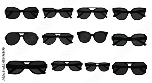 Collection of various black sunglasses on for fashion and accessory concepts, Generative AI.