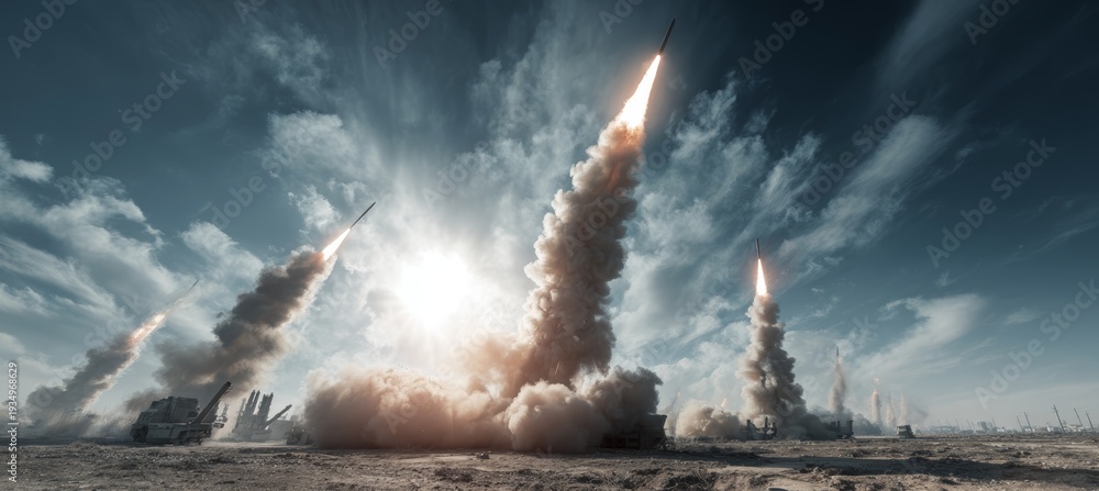 Obraz premium Rocket missile salvo. Generative AI technology. 