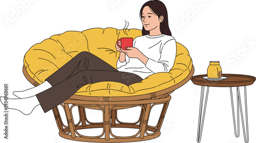 Woman Relaxing in Cozy Chair with Hot Drink Vector Illustration Home Comfort Lifestyle Concept