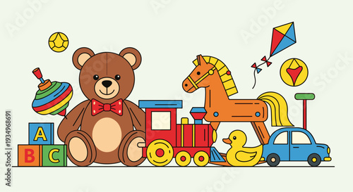 Colorful illustration of toys and objects for children including teddy bear train and blocks on light green background, Generative AI.