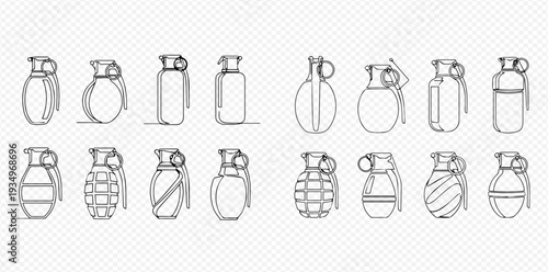 Continuous line art drawing of various hand grenades, military weapon concept.
