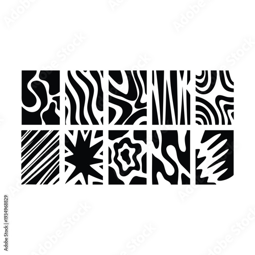 Black White Abstract Shape Pattern Bundle, Bold Organic Wave Stripe Fluid Background