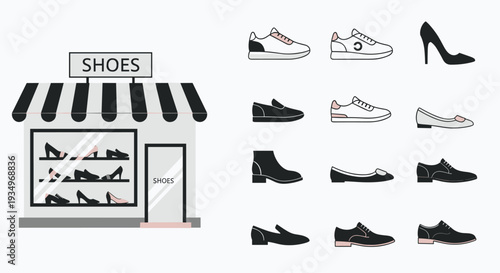 Collection of various shoes and a shoe storefront with striped awning, Generative AI.