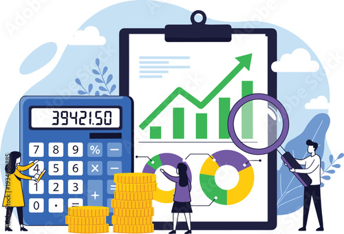 Financial Analytics and Business Growth Vector Illustration with Calculator, Chart and Teamwork Concept