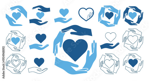 Collection of various blue heart and hand illustrations for love care and charity concepts, Generative AI.