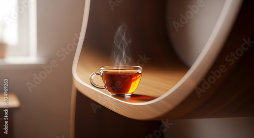 A clear glass cup filled with dark tea and rising steam placed on a sleek wooden furniture piece