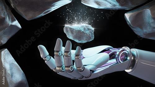 A sophisticated futuristic robotic hand carefully holds a glowing raw mineral emitting sparkling blue light within a dark cave environment symbolizing advanced technology and resou