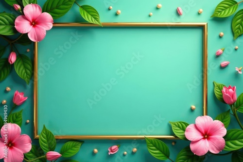 Golden frame, green leaves, pink flowers, teal background, elegant, border