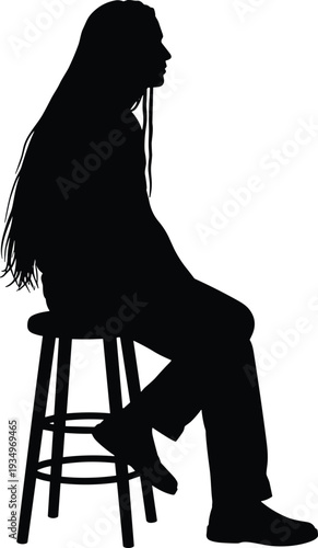 Seated woman silhouette side view, female sitting on stool isolated black vector illustration on white background