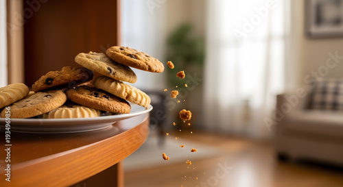 A dynamic shot of various cookies stacked on a plate with crumbs falling through the air in a living room