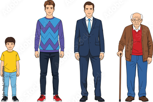 Stages of Human Aging Process, Set of Male Characters from Childhood to Old Age Vector Illustration