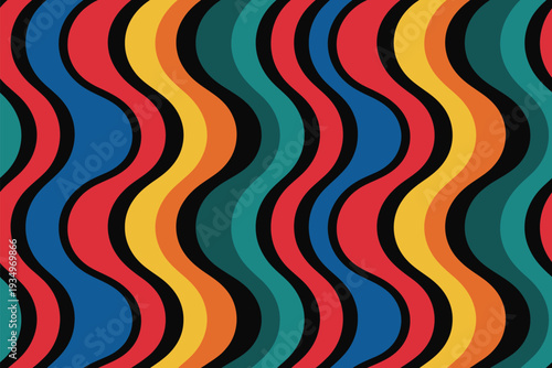 A colorful wavy pattern with vibrant stripes in various hues and shades