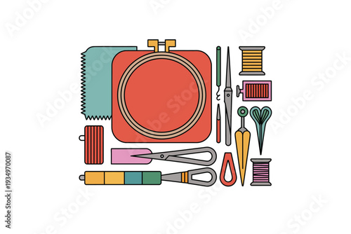 Sewing kit illustration with colorful tools and accessories for craft projects