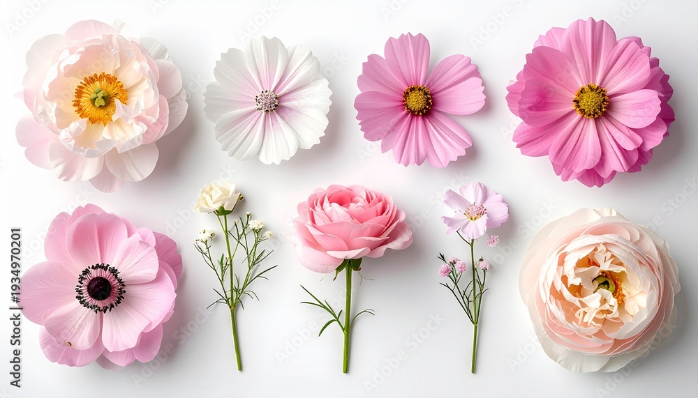 Obraz premium Soft pastel blooms arranged in delicate harmony, showcasing pink and blush flowers with golden centers, airy petals, and gentle textures that celebrate spring’s fresh elegance and natural beauty