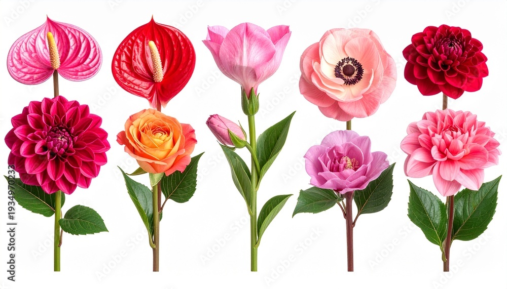 Obraz premium A striking collection of bold red and pink blossoms displayed in a neat row, each flower revealing layered petals, rich textures, and vibrant hues against a crisp white background
