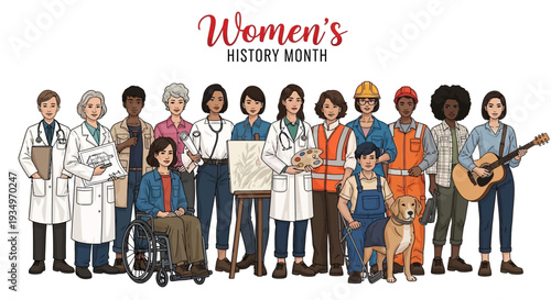 Illustration of diverse women in various professions celebrating Women's History Month with a theme of gender equality and women's empowerment on a white background.
