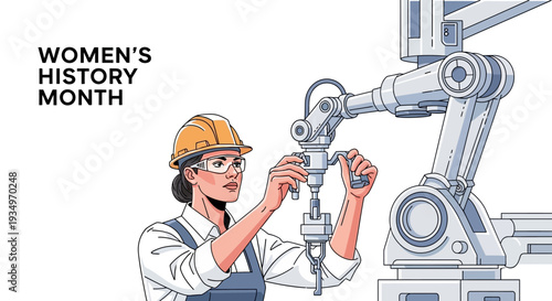 A female engineer in a hard hat and overalls working on industrial machinery during Women's History Month, celebrating women's achievements and empowerment in science and technology.