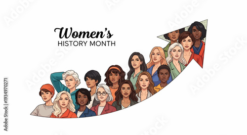 Illustration of diverse women in a rising arrow shape celebrating Women's History Month with a design promoting gender equality and women's empowerment on a white background.