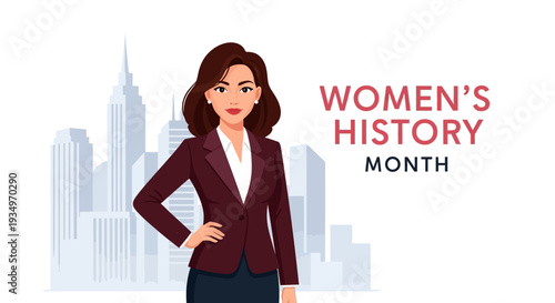 Illustration of a confident businesswoman celebrating Women's History Month with a city skyline in the background, symbolizing women's empowerment and equality.