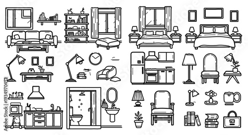 Hand-drawn vector illustration set of diverse furniture and household items, perfect for interior design projects and home decor graphic assets.