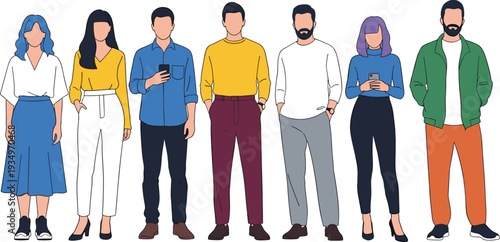 Set of Diverse Young People Standing Together, Group of Men and Women in Casual Outfits Vector Illustration