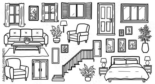 Collection of black line art vector icons representing various sports equipment fitness activities and athletic competition elements