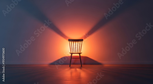 A simple wooden chair positioned against a dark wall with intense orange light creating long dramatic shadows