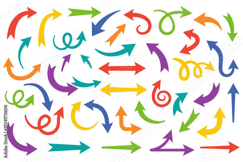 Collection multicolored arrow vector set indicating direction, pointer, scroll, swipe up and down. Flat vector illustration for app, interface, web, banner