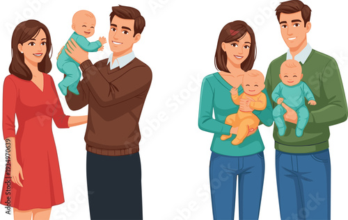 Set of Happy Young Parents with Baby, Smiling Couple Holding Infant and Parenthood Concept Vector Illustration