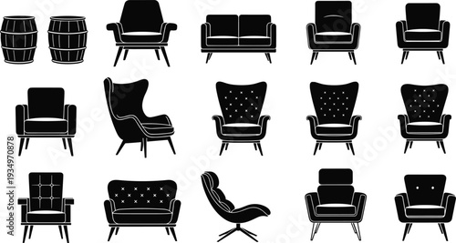 Armchair and sofa silhouette icon set with modern lounge chairs, furniture collection for interior design and living room decor