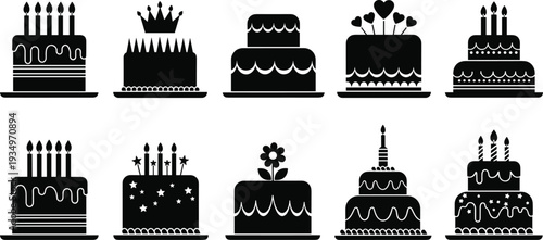 Birthday Cake Silhouette Collection Featuring Decorative Celebration Desserts with Candles Isolated in Black for Party Design Projects