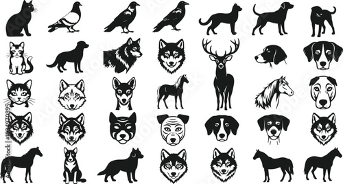 Animal silhouette and pet face icon set featuring dogs, cats, birds, deer and horse wildlife illustration collection