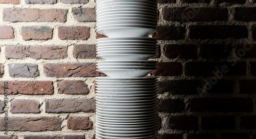 A very high stack of clean white kitchen plates arranged vertically against a textured old brick wall background