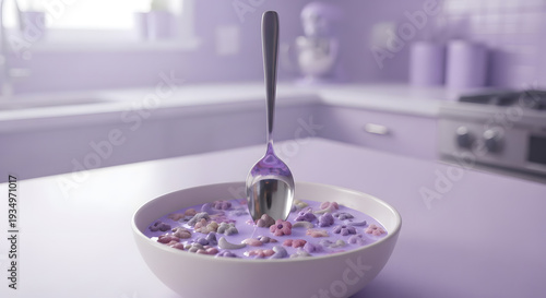 A creative aesthetic purple kitchen scene featuring a bowl of pastel flower shaped cereal with a spoon standing upright