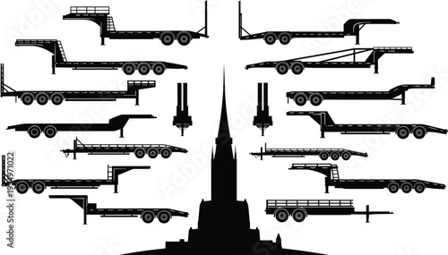Flatbed trailer and transport equipment silhouette set with heavy duty cargo trailers, trucking logistics vehicle collection for transport industry