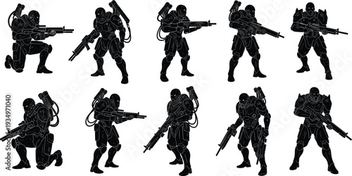 Futuristic armored soldier silhouette set with sci fi combat troopers holding rifles, science fiction military character collection