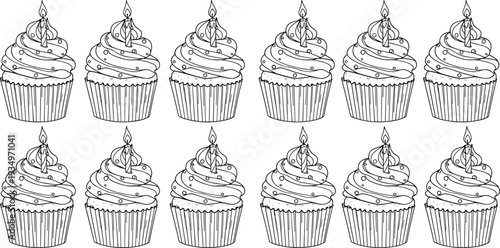 Hand drawn cupcake icon set with candle flame, sweet dessert illustration collection, bakery pastry outline design for birthday celebration themes
