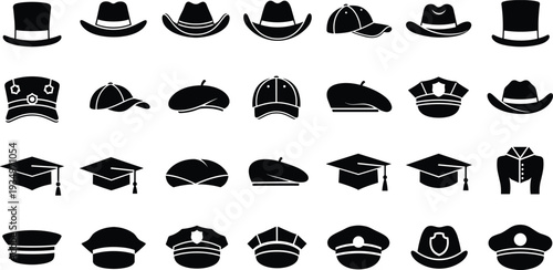 Hat icon set featuring cowboy hats, caps, graduation hats and police hats, headwear silhouette collection for fashion and uniform design