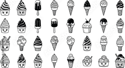 Ice Cream and Popsicle Silhouette Collection Featuring Cute Cartoon Frozen Desserts Isolated in Black for Sweet Food Designs