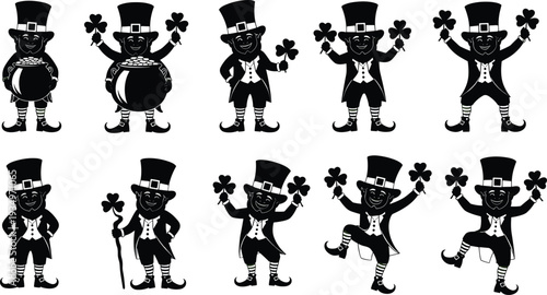 Leprechaun silhouette icon set with shamrocks, Saint Patrick’s Day character collection, Irish folklore mascot illustrations for holiday celebration design