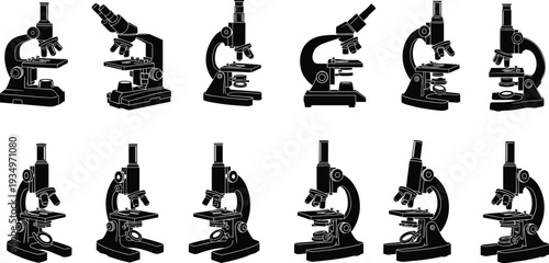 Microscope silhouette icon set collection, scientific laboratory research equipment illustrations, biology science tools isolated black microscope vector symbols