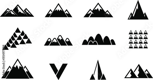 Mountain silhouette icon set with alpine peaks and landscape symbols, nature adventure hiking and outdoor travel design collection