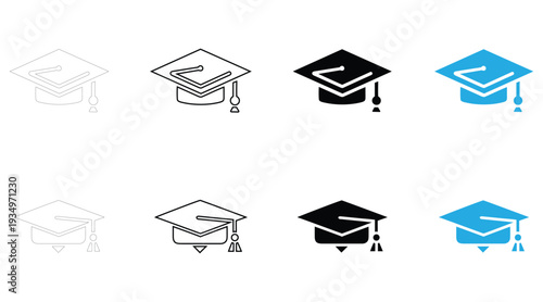 graduation cap icon vector set, graduation cap education item symbol vector, silhouette and line art illustration