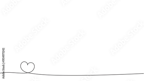 一筆書きのハートの線画フレーム。一本の黒い糸がハートを紡ぐデザイン。愛情のシンボル背景。画面下部を装飾するシンプルなあしらい。編集可能なベクター素材