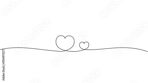 一筆書きのハートの線画。一本の黒い糸が大小2つの寄り添うハートを紡ぐデザイン。家族愛や恋愛を表現したシンボル背景。編集可能なベクター素材