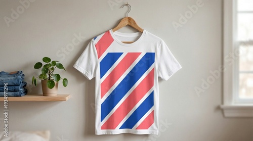 White T-Shirt Mockup with Modern Pink and Blue Diagonal Stripe Pattern
