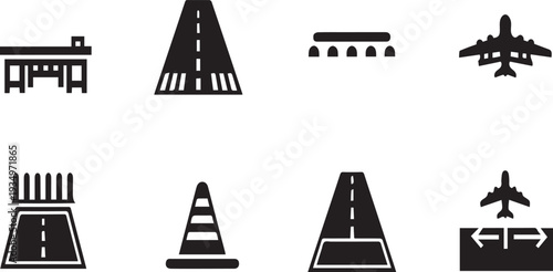 Simplified black icons depict various airport elements including runways planes and buildings high-quality