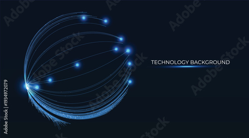 Vibrant Fiber Optic threads elegantly form a circle of multiple pulsing light lines, orbiting like a cosmic galaxy in a glowing bright blue universe. Sleek futuristic tech concept. Wavelengths