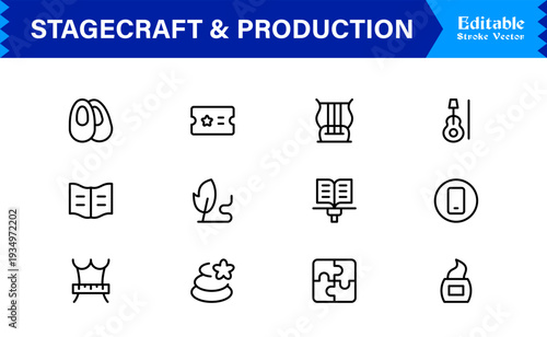 Stagecraft And Production line icon set – Professional, minimal, and modern collection of pixel-perfect illustrations for theater, events, lighting, and backstage themes